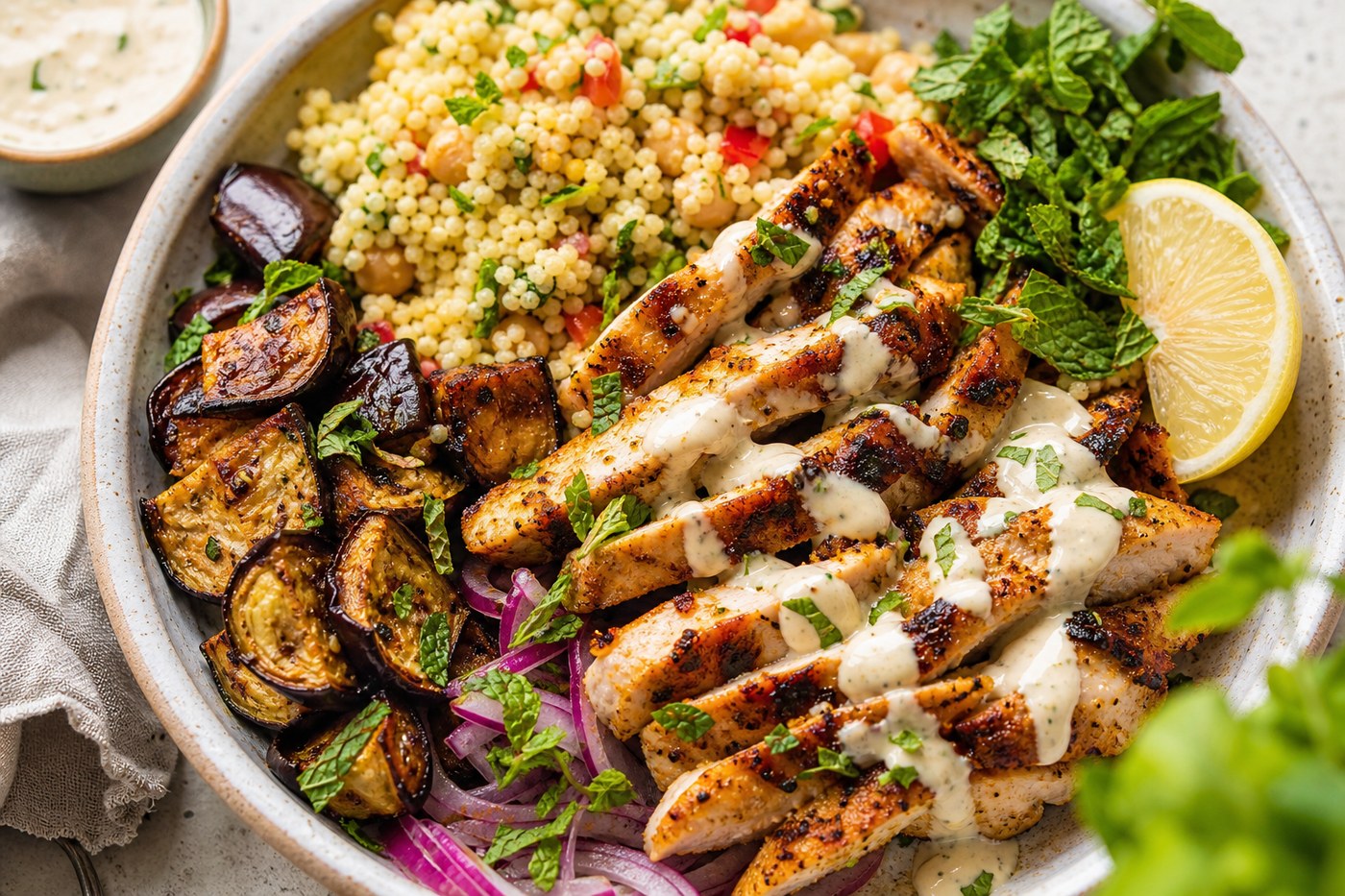 Shawarma Sunrise Bowl with couscous and roasted eggplant