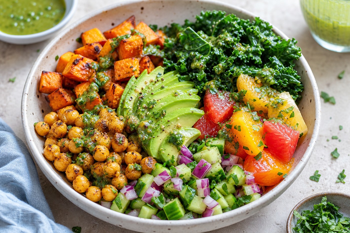 Citrus Harvest vegan bowl with sweet potato and avocado