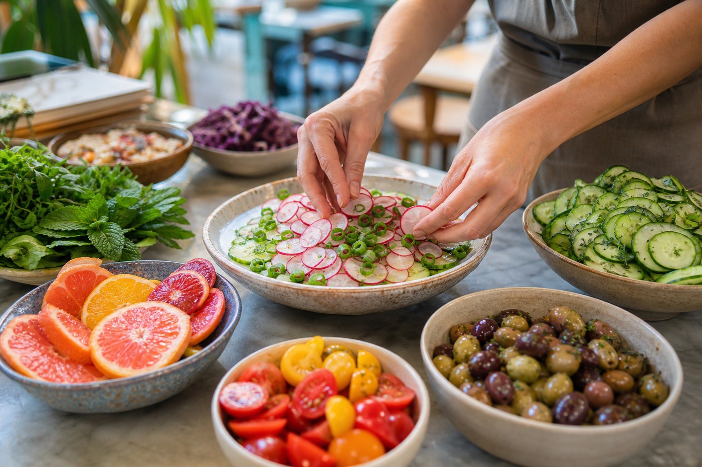 Fresh vegetables being prepared at cafe counter